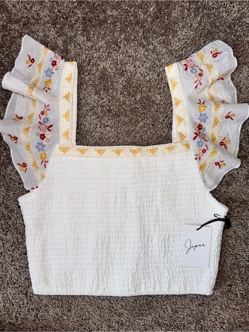 NWT Size M Japna White Smocked Square-Neck Top with Embroidered Flutter Sleeves